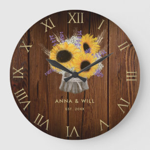 Grande Horloge Ronde Tournesol en bois rustique Anniversaire Mariage mo