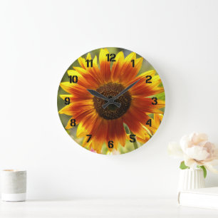 Grande Horloge Ronde Tournesol floral jaune et bronze