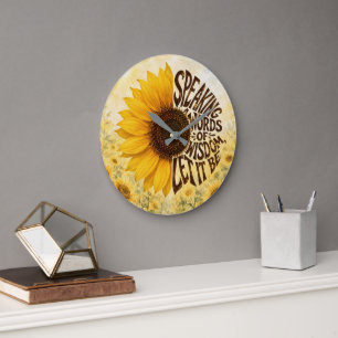 Grande Horloge Ronde Tournesol jaune avec citation inspirante