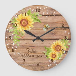 Grande Horloge Ronde Tournesol jaune floral rustique Personnalisé