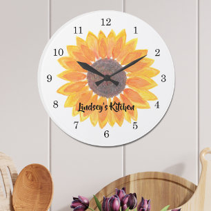 Grande Horloge Ronde Tournesol jaune personnalisé