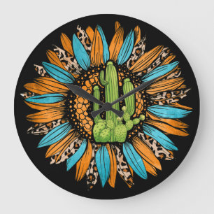 Grande Horloge Ronde Tournesol Turquoise du Texas Leopard Serape