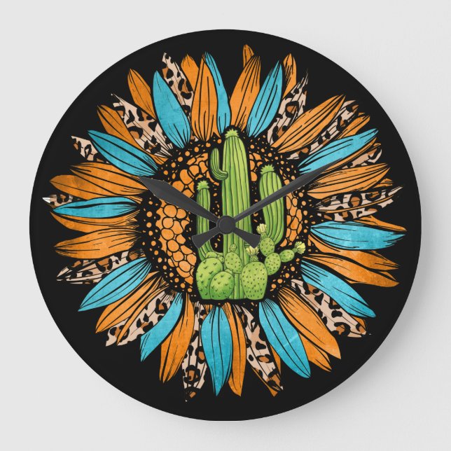 Grande Horloge Ronde Tournesol Turquoise du Texas Leopard Serape (Recto)