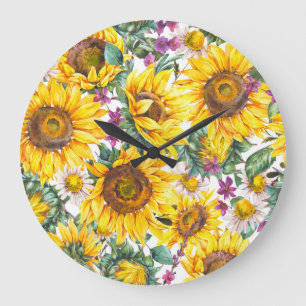 Grande Horloge Ronde Tournesol Vintage : Fleur Jaune Été.