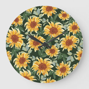 Grande Horloge Ronde Tournesols Décor vert : Motif saisonnier