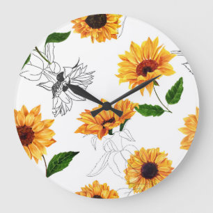 Grande Horloge Ronde Tournesols dessinés à la main : motif jaune vif.