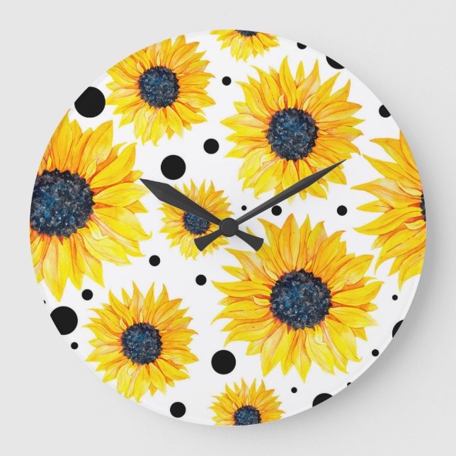 Grande Horloge Ronde Tournesols jaunes sur fond blanc motif (Recto)