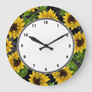 Grande Horloge Ronde Tournesols jaunes vintages sur l'horloge murale