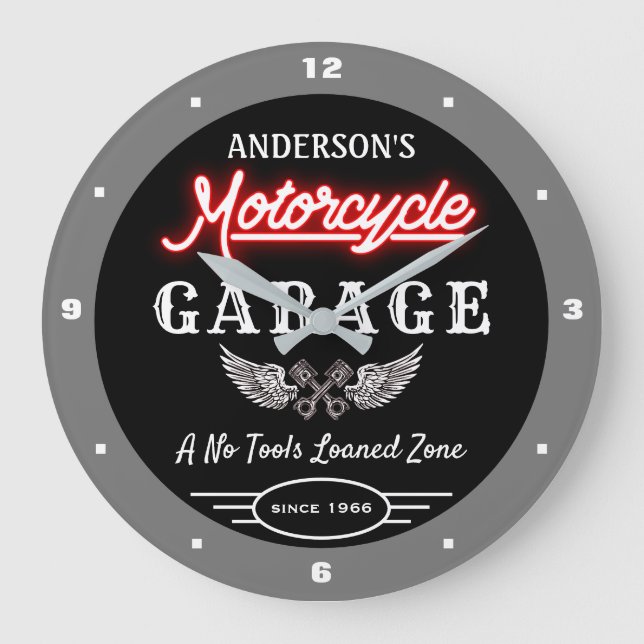 Grande Horloge Ronde Tout Nom Faux Neon Garage Depuis Date Grey Black (Recto)