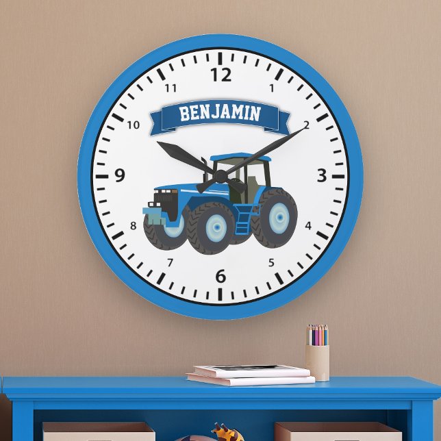Grande Horloge Ronde Tracteur de ferme bleu Nom personnalisé Chambre d' (Créateur téléchargé)