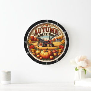 Grande Horloge Ronde Tracteur de salutations d'automne Ferme de citroui