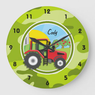 Grande Horloge Ronde Tracteur rouge; camo vert vif, camouflage