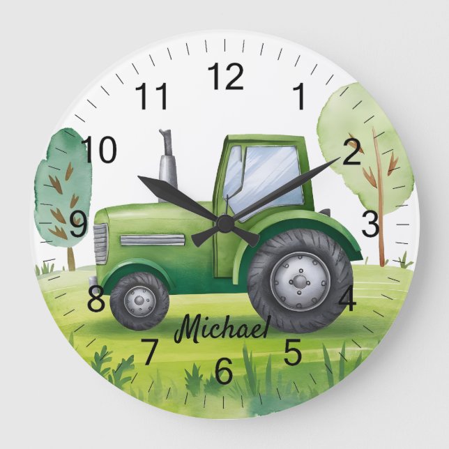 Grande Horloge Ronde Tracteur vert personnalisé ferme aquarelle enfants (Recto)