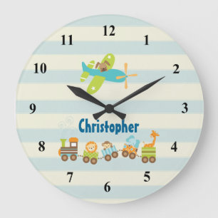 Grande Horloge Ronde Train de jouet d'animal et avion sur des rayures