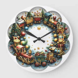 Grande Horloge Ronde Trains d'aquarelle à Noël blanc