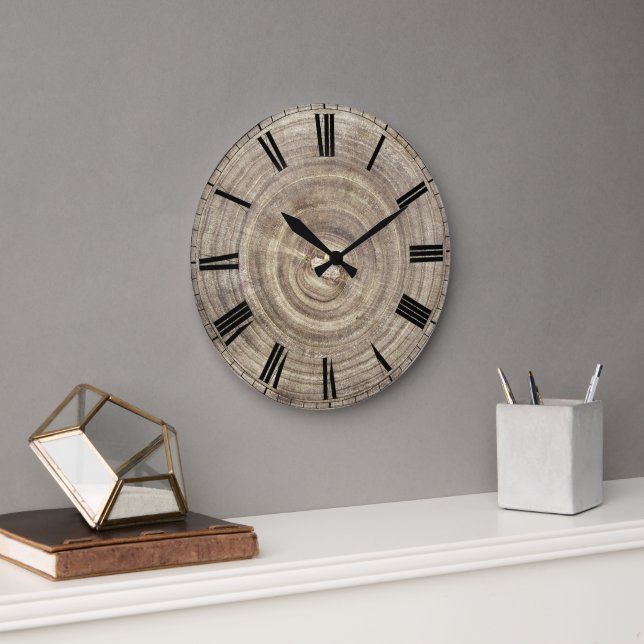 Grande Horloge Ronde tranche de bois simulée (Bureau)