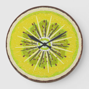 Grande Horloge Ronde Tranche de Fruit de Kiwi Doré Vibrant Peinte Moder