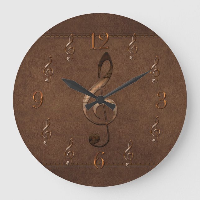 Grande Horloge Ronde Treble Clef Music-themed Faux Leather Wall Clock (Recto)