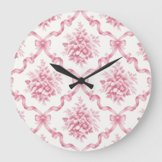 Grande Horloge Ronde Treillis de ruban français rose Bouquet floral en