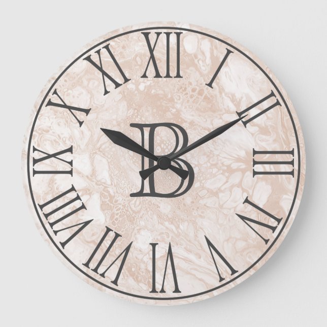 Grande Horloge Ronde Trendy Beige Paint Pour Swirls & Gray Monogram (Recto)