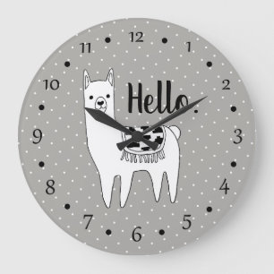 Grande Horloge Ronde Trendy Llama Sketch & White Dots Hello