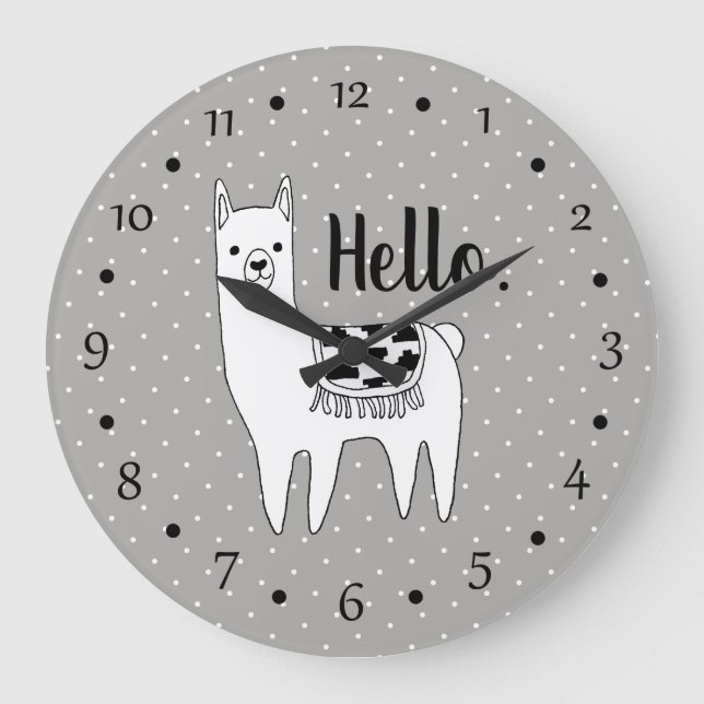 Grande Horloge Ronde Trendy Llama Sketch & White Dots Hello (Recto)