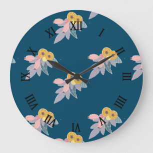 Grande Horloge Ronde Trendy motif floral sur bleu marine