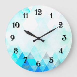 Grande Horloge Ronde Triangles Aquarelle Bleu Aqua
