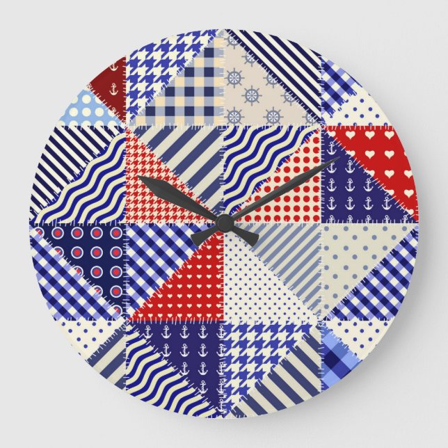 Grande Horloge Ronde Triangles De Patchwork Rétro Style Nautique (Recto)