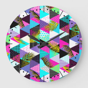 Grande Horloge Ronde Triangles Style Neon Memphis