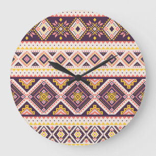 Grande Horloge Ronde Tribal Aztec rayé, motif géométrique.