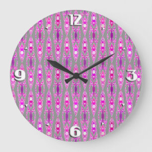 Grande Horloge Ronde Tribal Batik - Fuchsia rose, violet et gris