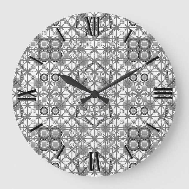 Grande Horloge Ronde Tribal Batik - gris / gris, noir et blanc (Recto)