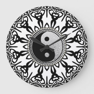 Grande Horloge Ronde Tribal Black+White YinYang Équilibrer votre temps