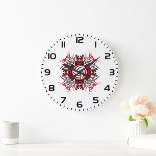 Grande Horloge Ronde Tribal de volleyball Mandala Sports rouges et noir