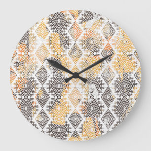 Grande Horloge Ronde Tribal géométrique Boho : Motif en détresse.