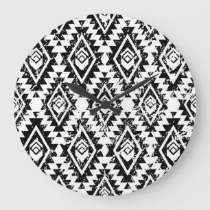 Grande Horloge Ronde Tribal Navajo : blanc noir géométrique.