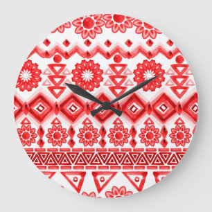 Grande Horloge Ronde Tribus rouge, motif ethnique aquarelle.