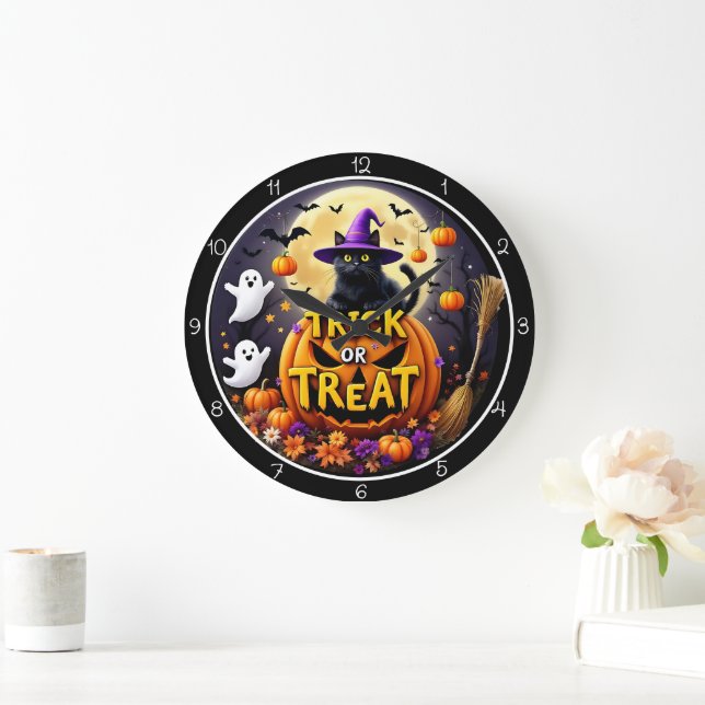 Grande Horloge Ronde Trick or Treat Halloween Cat (Maison)