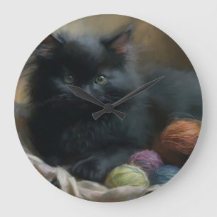 Grande Horloge Ronde Tricot compagnon Kitten noir avec fils