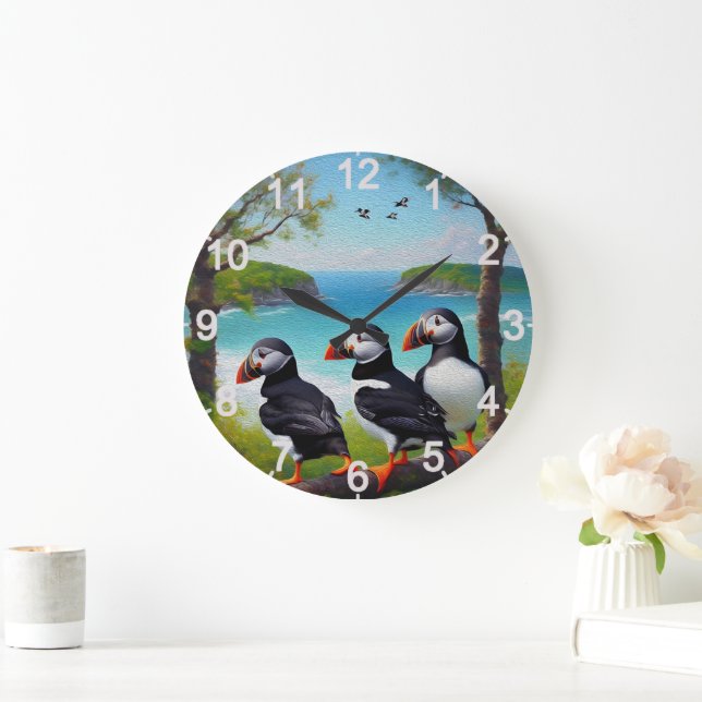 Grande Horloge Ronde Trio côtier : Trois Puffins à la plage d'Oils (Maison)