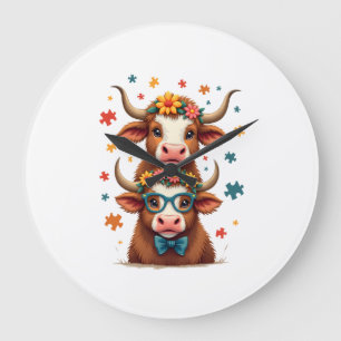 Grande Horloge Ronde Trio de vaches Highland Vintage Autism qui regarde