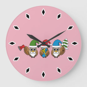 Grande Horloge Ronde Trois chouettes naines de Noël amusantes