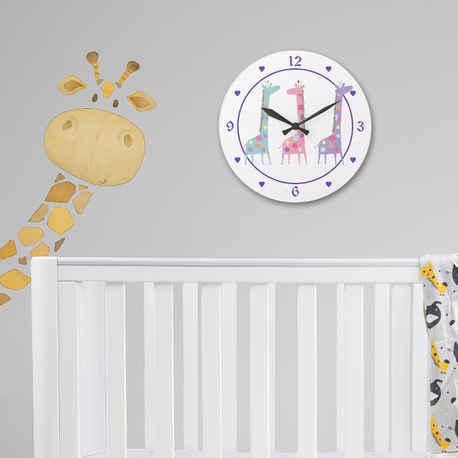 Grande Horloge Ronde Trois girafes tachetées Purple Heart Kids (Créateur téléchargé)
