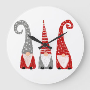 Grande Horloge Ronde Trois Gnomes Noël Dessin à la Main Décoration de F