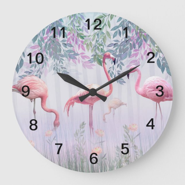 Grande Horloge Ronde Tropcal Cute Family Pink Flamingos (Recto)