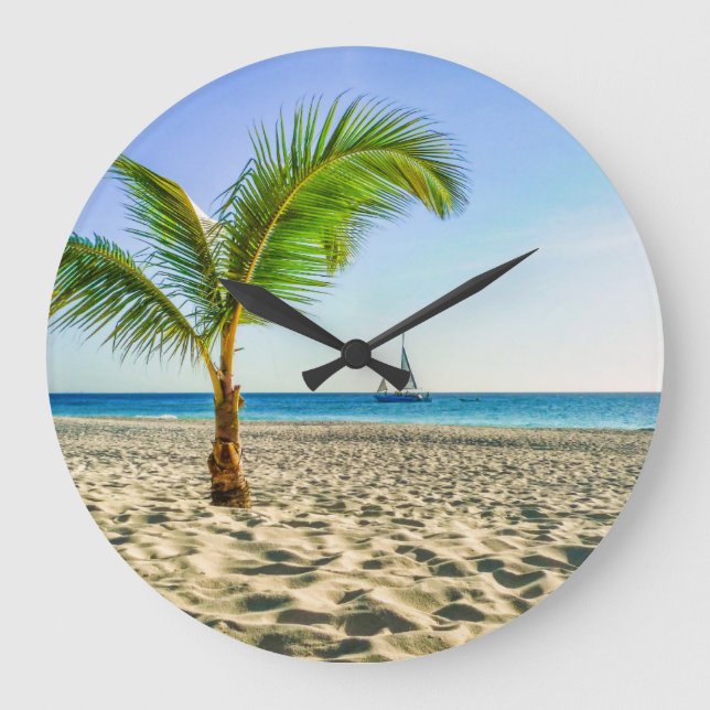Grande Horloge Ronde Tropical Beaches | Sailboat, Palm Tree, Aruba (Recto)