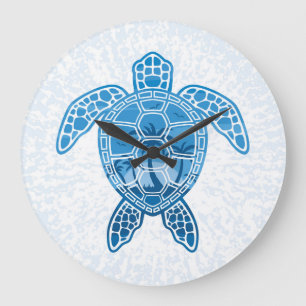 Grande Horloge Ronde Tropical Island Sea Turtle Design en bleu