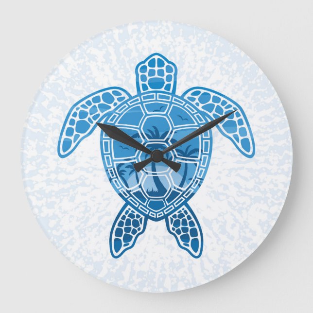 Grande Horloge Ronde Tropical Island Sea Turtle Design en bleu (Recto)