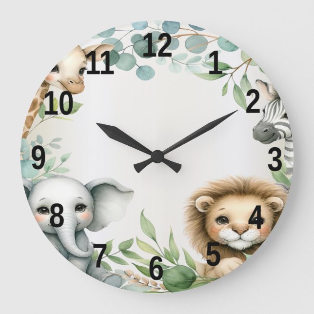 Grande Horloge Ronde Tropical Jungle Safari Animaux Green Feuilles Part (Recto)